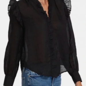 Frame Denim Lauren Long Sleeve Black Ruffle Trim Blouse